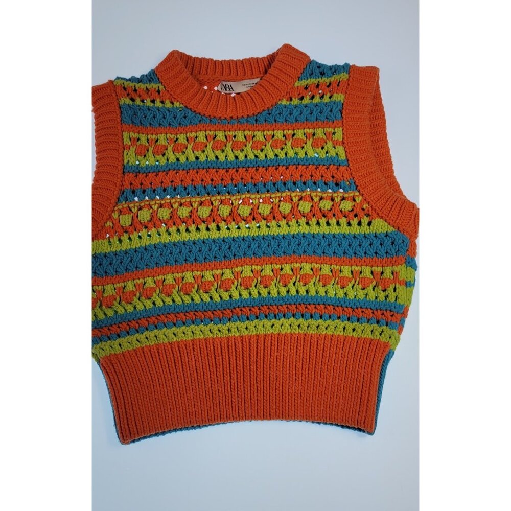 ZARA WOMEN COLORBLOCK VEST TEXTURI SZ MEDIUM COLOR ORANGE/GREEN CROPED - Picture 2 of 10